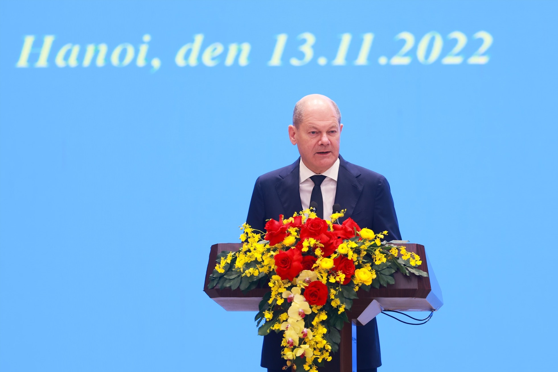 Thủ tướng Đức Olaf Scholz gặp gỡ báo giới sau hội đàm. Ảnh: Hải Nguyễn