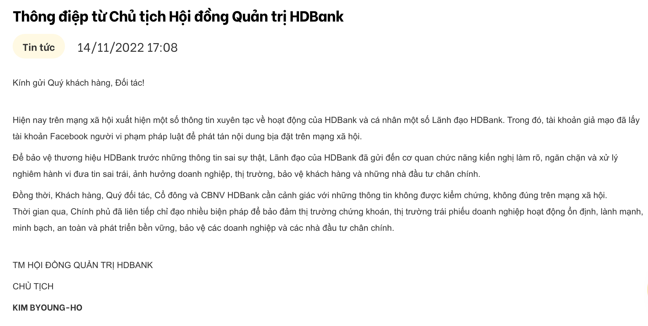Nội dung thư ngỏ của Chủ tịch HĐQT HDBank gửi khách hàng