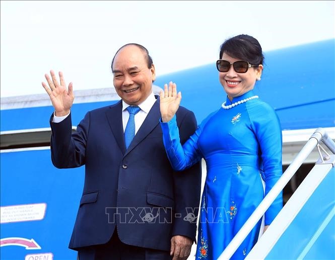 Lễ tiễn Chủ tịch nước Nguyễn Xuân Phúc và Phu nhân tại sân bay Quốc tế Nội Bài. Ảnh: Thống Nhất/TTXVN