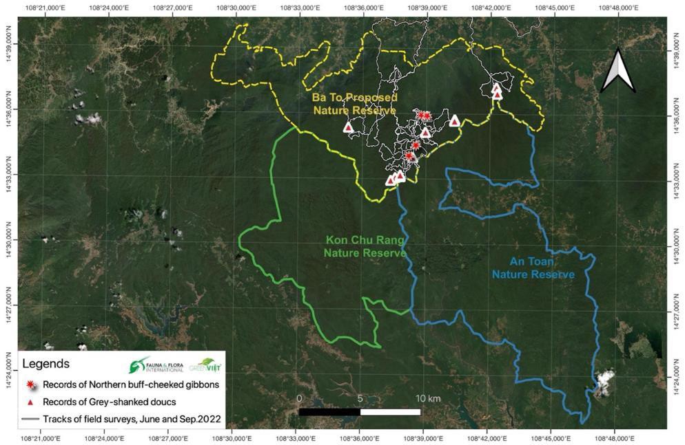 Vị trí rừng phòng hộ Ba Tơ trong khu vực kết nối với Khu bảo tồn thiên nhiên An Toàn (Bình Định) và Khu bảo tồn thiên nhiên Kon Chư Răng (Gia Lai). Ảnh: Trung tâm Bảo tồn đa dạng sinh học Nước Việt Xanh.