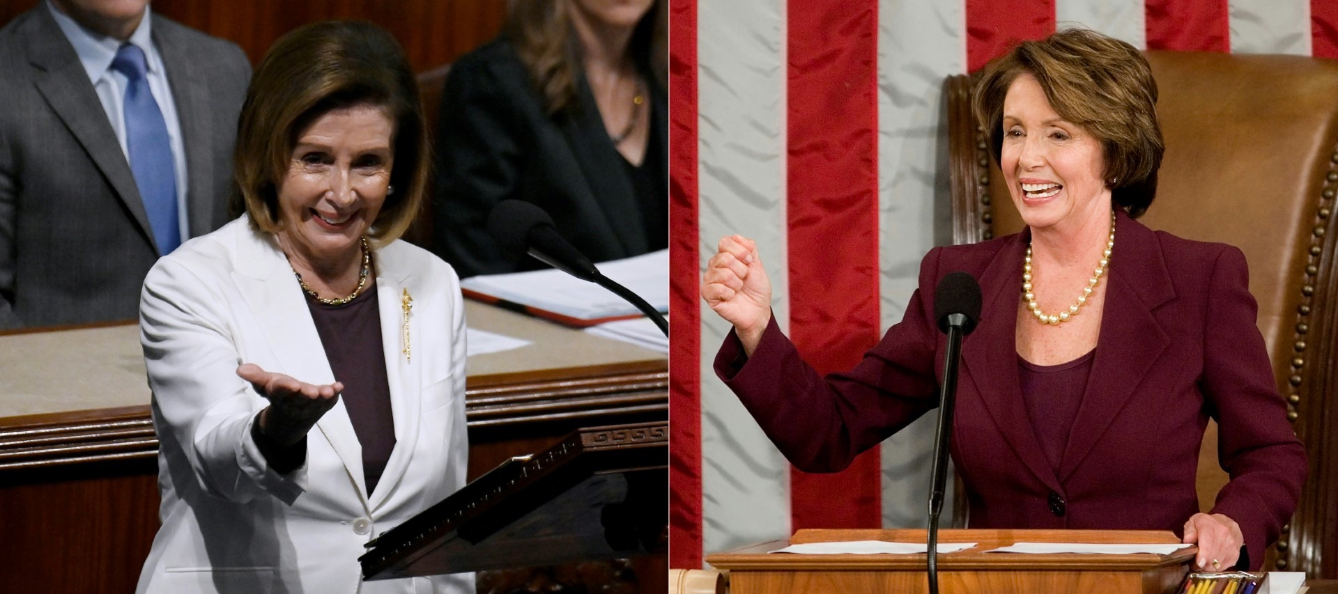 Bà Nancy Pelosi tại Tòa nhà Quốc hội Mỹ ở Washington D.C, ngày 4.1.2007 (phải) và ngày 17.11.2022 (trái). Ảnh: AFP