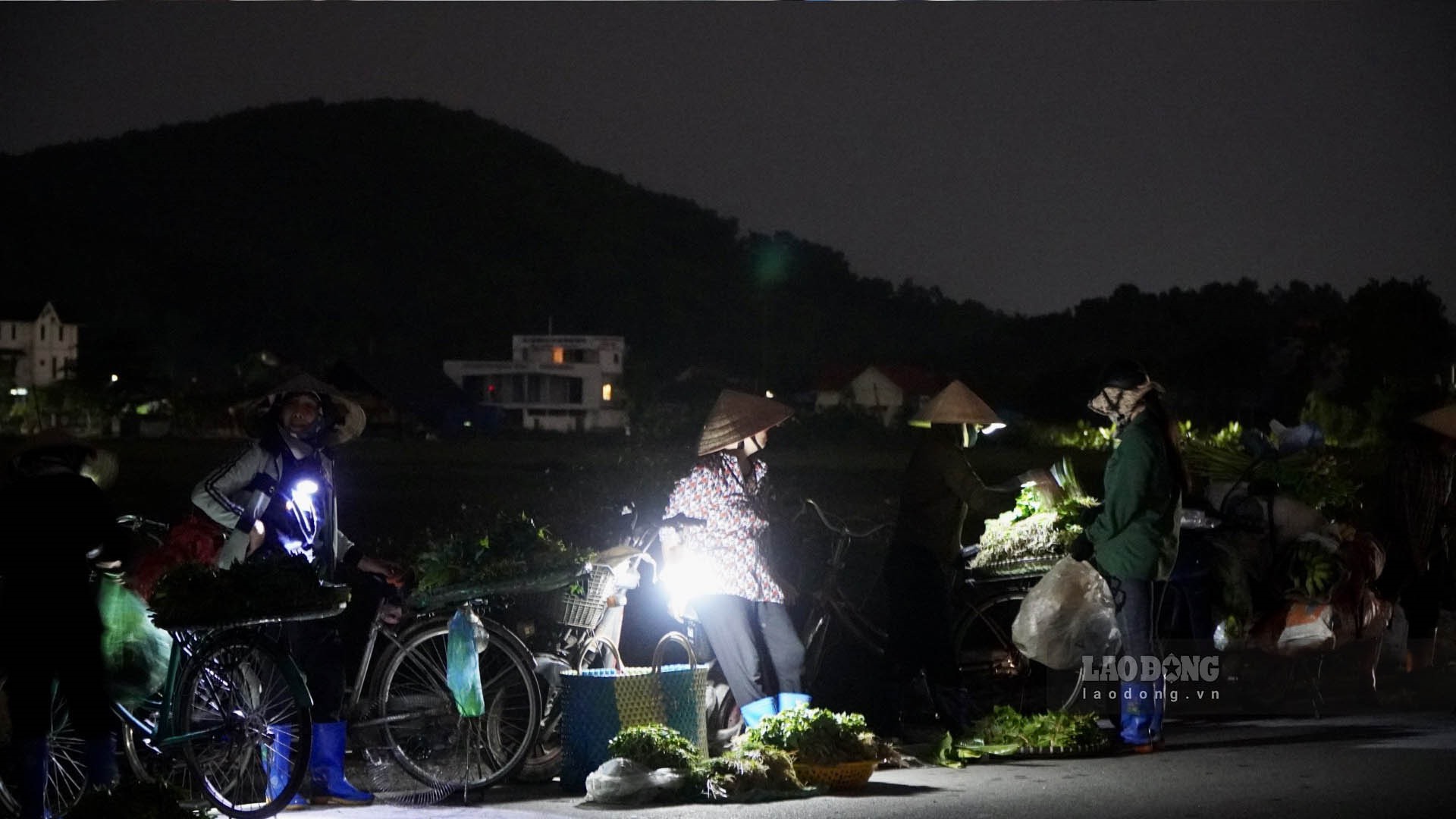 Trong màn đêm đen đặc, những người nông dân với chiếc xe rau cồng kềnh cùng tiếng nói chuyện rôm rả làm cho không gian chợ đêm phía ngoài đường chợ trung tâm Thị trấn Núi Đèo thêm sôi động, nhộn nhịp. Ảnh: Thiên Hà.