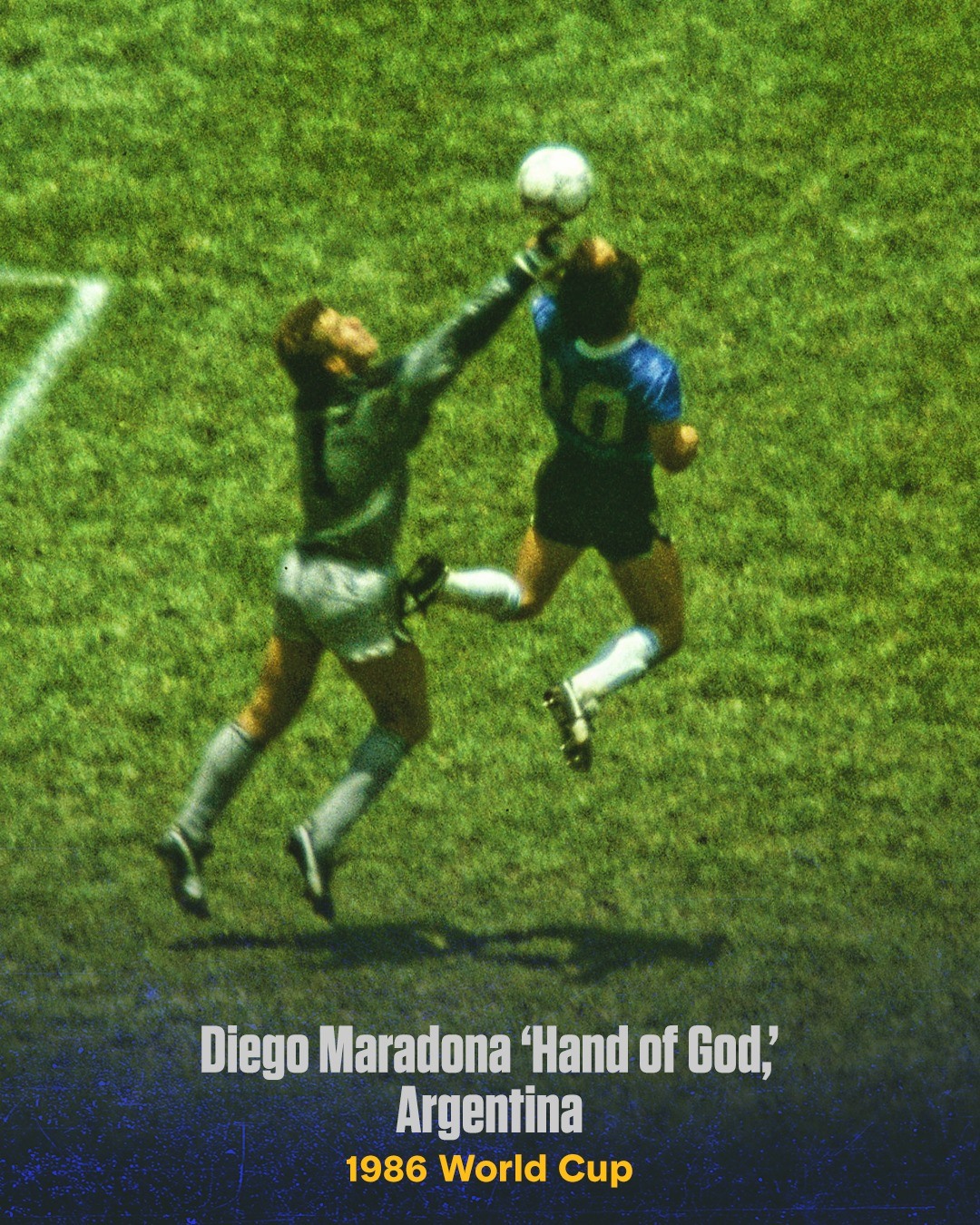 Cố danh thủ Diego Maradona ghi bàn thắng bằng tay vào lưới tuyển Anh, ở trận Argentina thắng Anh 2-1 tại tứ kết World Cup 1986. Đây là bàn thắng tai tiếng nhất lịch sử. Về sau Maradona nói rằng pha lập công được ông thực hiện bằng “bàn tay của Chúa“.