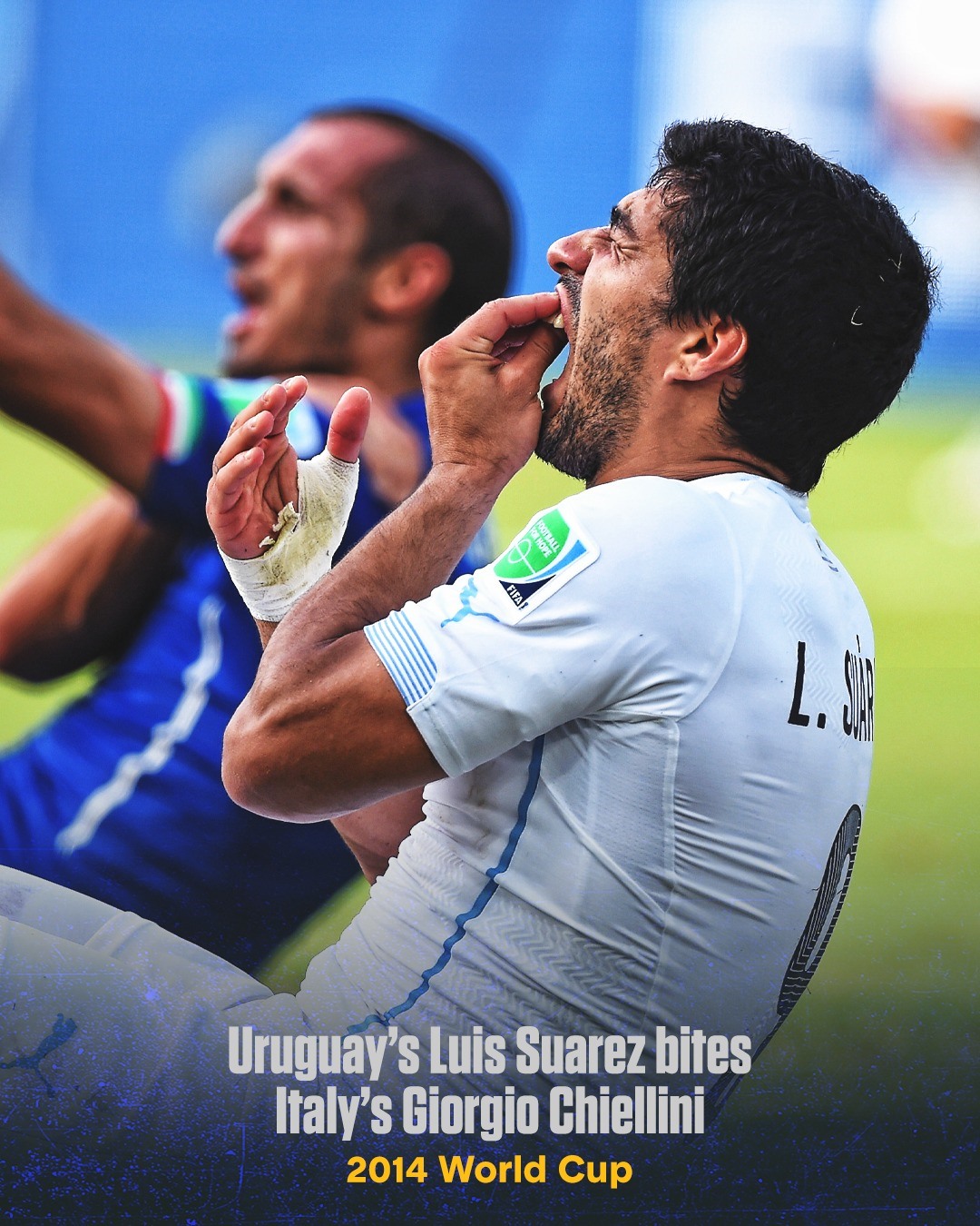 Ở trận Uruguay vs Italia tại vòng bảng World Cup 2014, tiền đạo Luis Suarez đã có pha bóng tai tiếng. Chân sút này đã cắn vào vai của trung vệ Chiellini bên phía Italia. Suarez không bị trọng tài rút thẻ đỏ nhưng sau đó anh bị FIFA phạt nguội, cấm tham gia các hoạt động bóng đá trong 4 tháng, nộp phạt 65.000 bảng Anh.