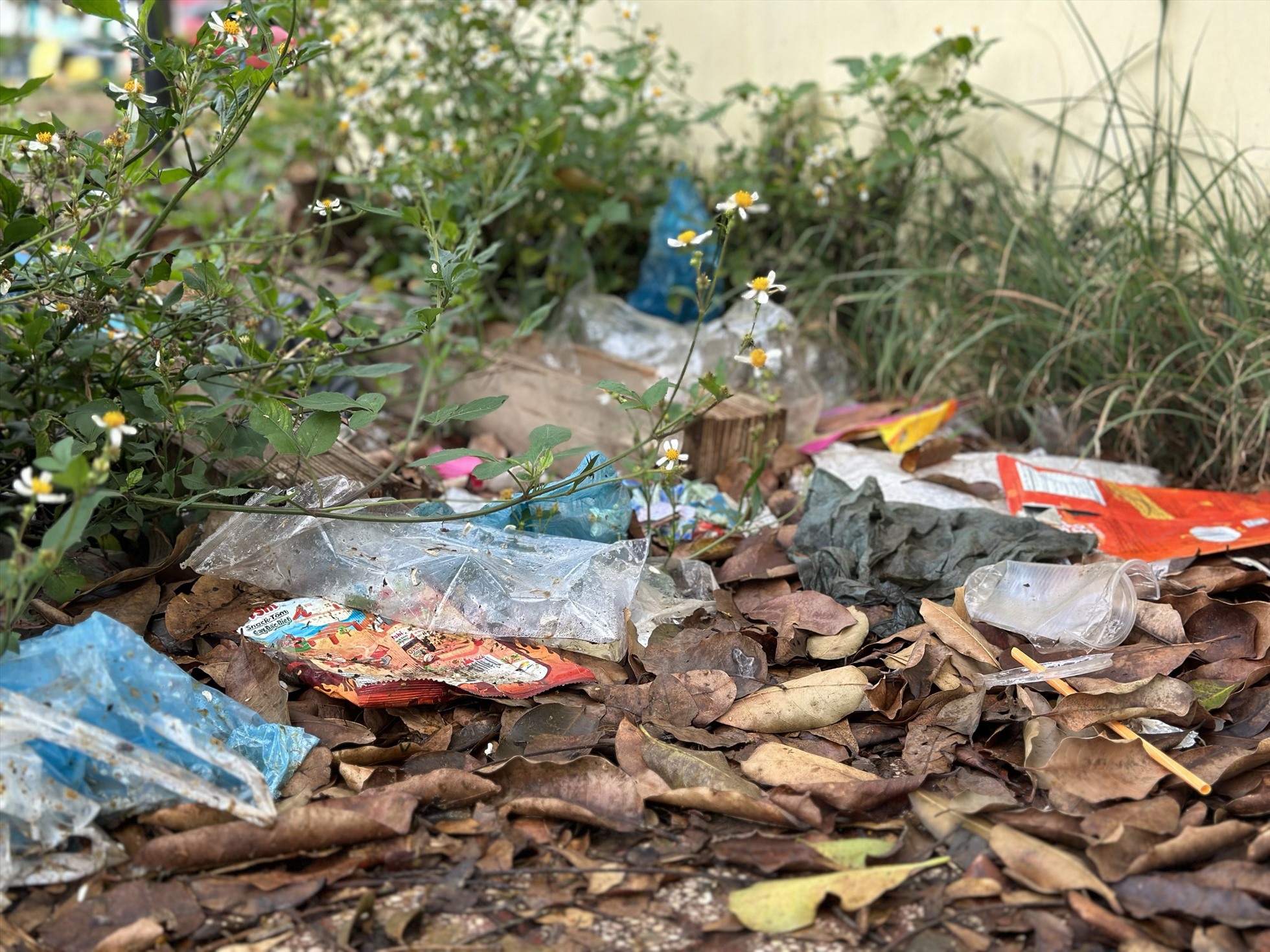 Một góc trụ sở Đảng ủy, UBND phường Tân An với rác thải nằm la liệt bên vỉa hè. Ảnh: Bảo Trung