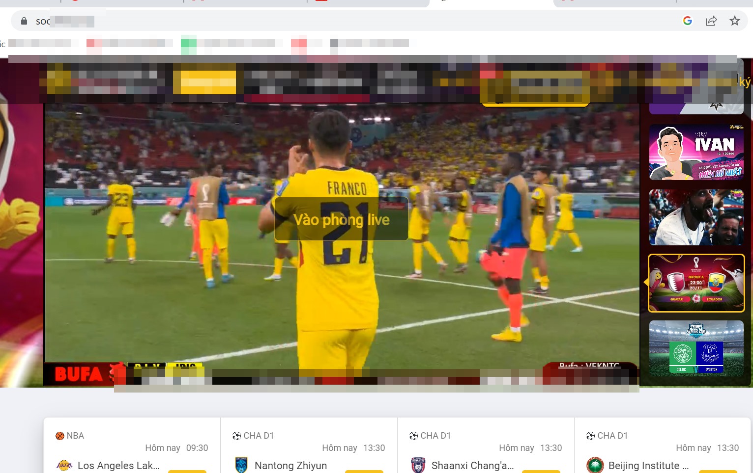 Một website chiếu lậu trận khai mạc WC 2022 tối 20.11. Ảnh: Chụp màn hình