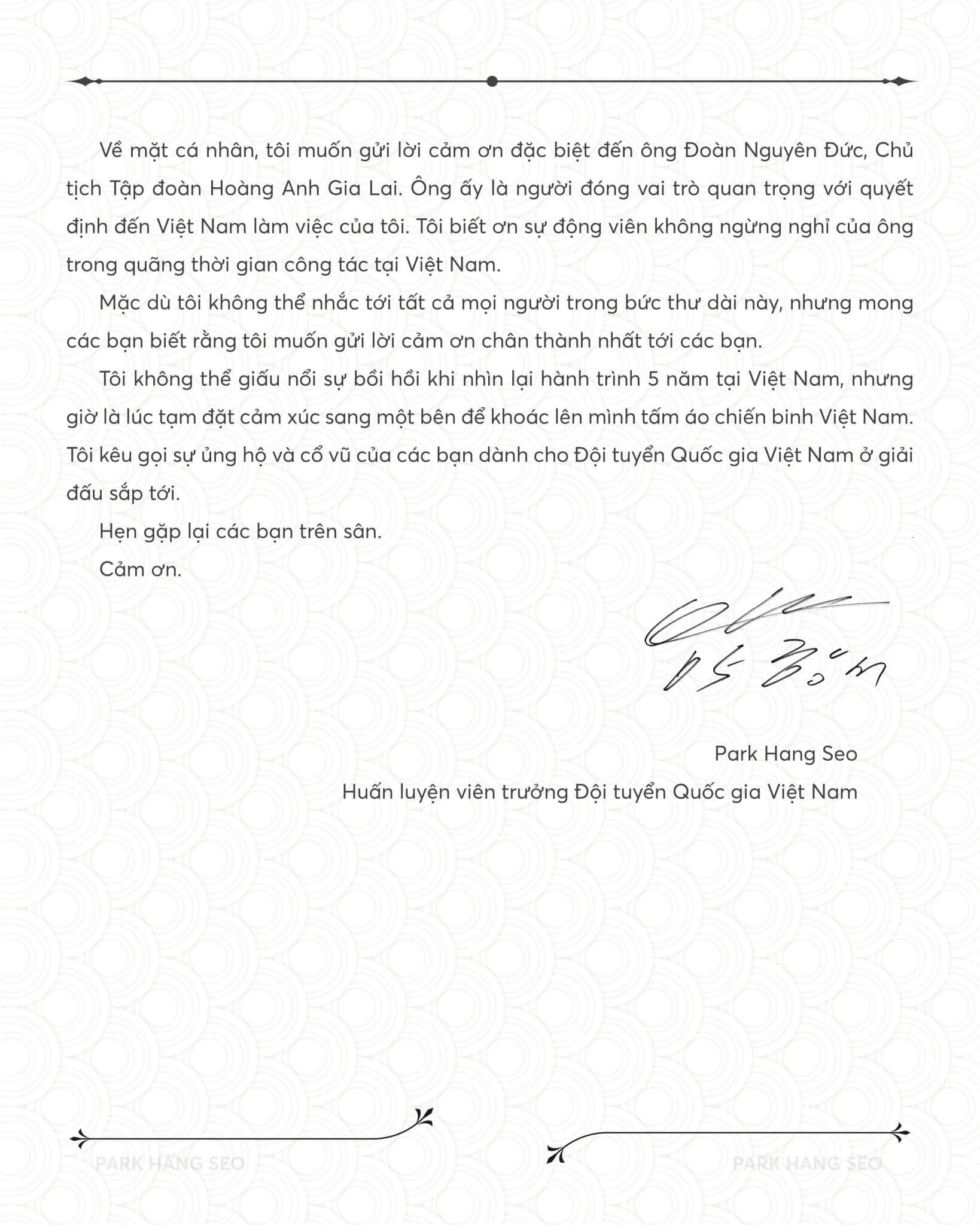 Tâm thư được huấn luyện viên Park Hang-seo đăng tải trên trang cá nhân. Ảnh: HLV Park Hang-seo