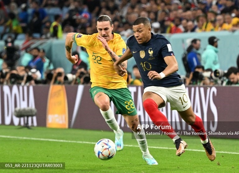 Mbappe ghi bàn trong chiến thắng 4-1 của đội tuyển Pháp trước Australia. Ảnh: AFP