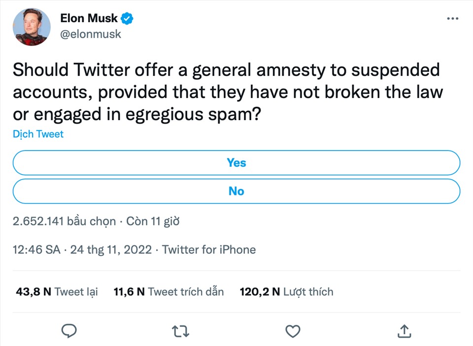 Cuộc thăm dò của Elon Musk về việc cho phép các tài khoản bị cấm quay lại Twitter. Ảnh: Twitter