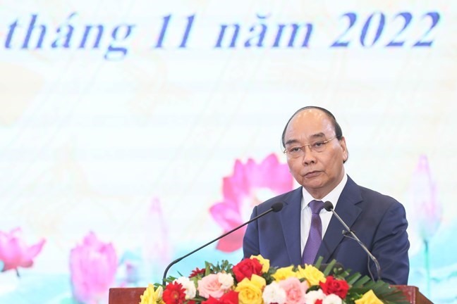 Chủ tịch nước Nguyễn Xuân Phúc phát biểu tại hội nghị. Ảnh: Hải Nguyễn
