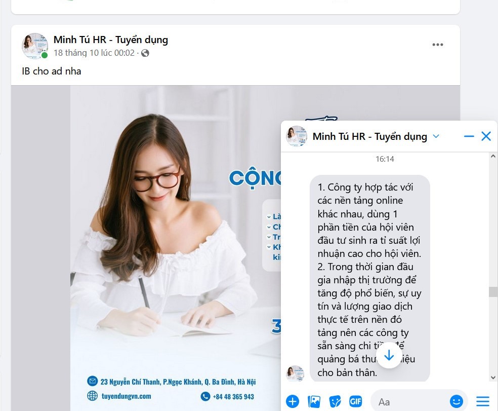 Tài khoản “Minh Tú HR Tuyển dụng” trên mạng xã hội Facebook giải thích lí do trả tiền hoa hồng cao cho các thành viên. Ảnh: QĐ