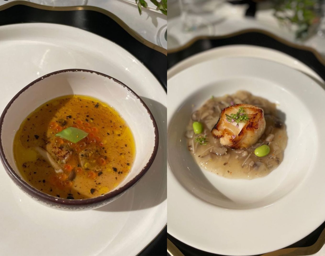 Khách mời được thiết đãi hai món hấp gồm lươn Nhật nướng, gan ngỗng Pháp và sốt nấm truffle; cá răng ướp đậu tương, nấm Đà Lạt.