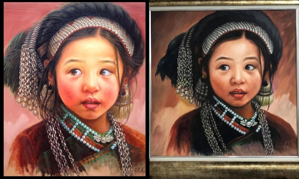 Bức tranh “Lì xì nhé” bản gốc (trái) và chép (phải) mà họa sĩ Lê Thế Anh cung cấp. Ảnh: NVCC.
