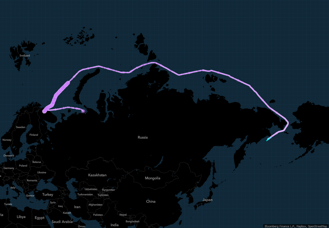 Hải trình của tàu Vasily Dinkov qua Tuyến đường biển Phương Bắc vào tháng 11.2022. Ảnh chụp màn hình