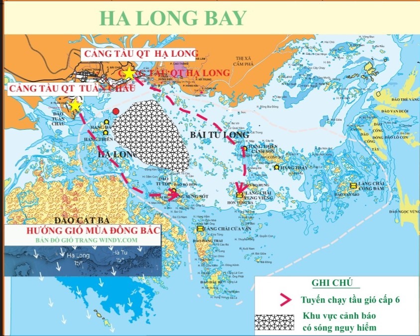 Bản đồ hướng tuyến chạy khi có gió mùa Đông Bắc cấp 6 do Chi hội tàu du lịch vịnh Hạ Long đề xuất. Ảnh: Chi hội tàu du lịch vịnh Hạ Long