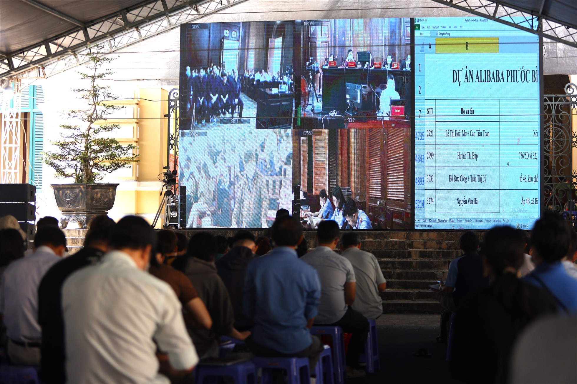 Do số lượng bị hại rất đông và HĐXX phải xét hỏi các bi hại thông qua đường truyền kết nối từ phòng xử án ra sân tòa.