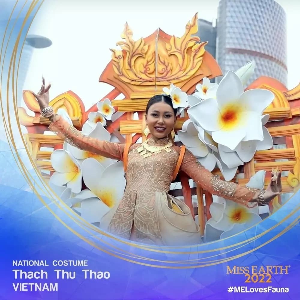 Thạch Thu Thảo trong trang phục của NTK Ngô Mạnh Đông Đông chinh chiến tại Miss Earth 2022. Ảnh: Nhân vật cung cấp