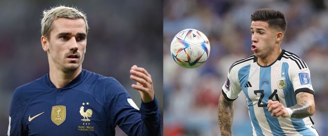 Griezmann và Enzo Fernandez là 2 tiền vệ quan trọng nhất của Pháp và Argentina. Ảnh: Rediff