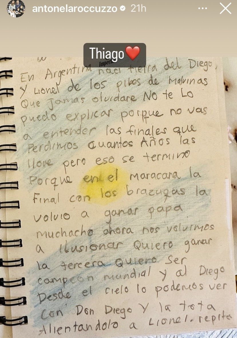 Bức thư viết tay của Thiago dành cho Messi. Ảnh: Instagram