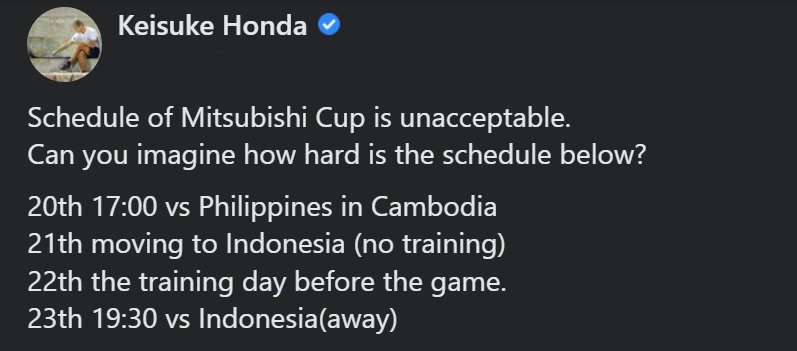 Chia sẻ của Honda trên mạng xã hội về lịch thi đấu AFF Cup 2022. Ảnh chụp màn hình