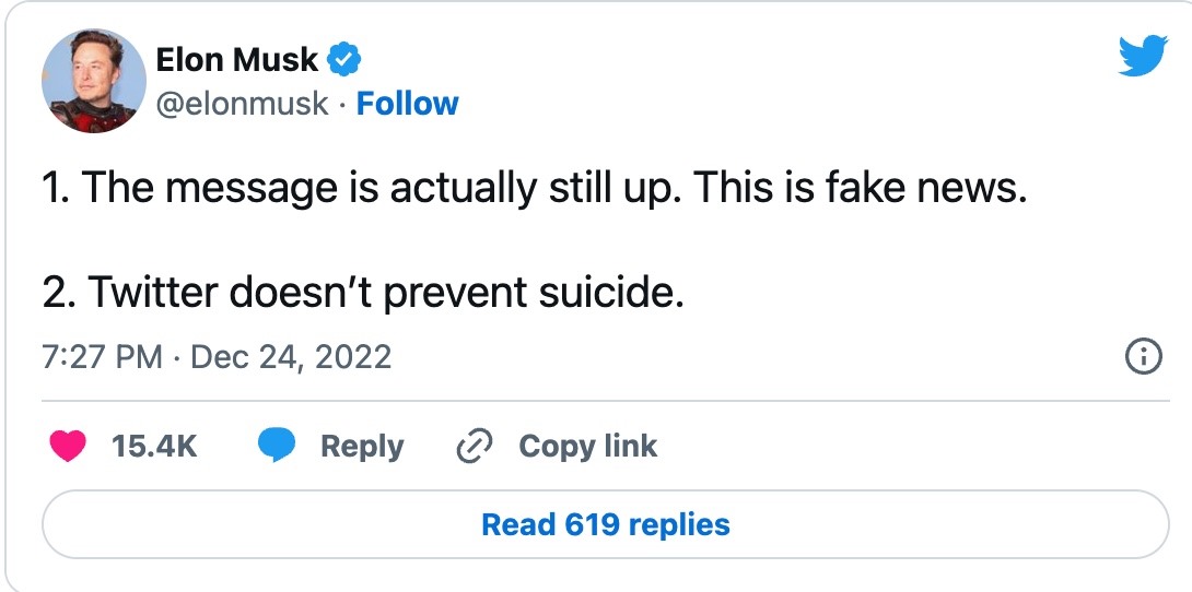 Bài đăng trên Twitter của CEO Twitter, Elon Musk. Ông đã phủ nhận việc tính năng bị gỡ bỏ và cho biết Twitter không ngăn chặn được hành vi tự tử. Ảnh: Twitter Elon Musk