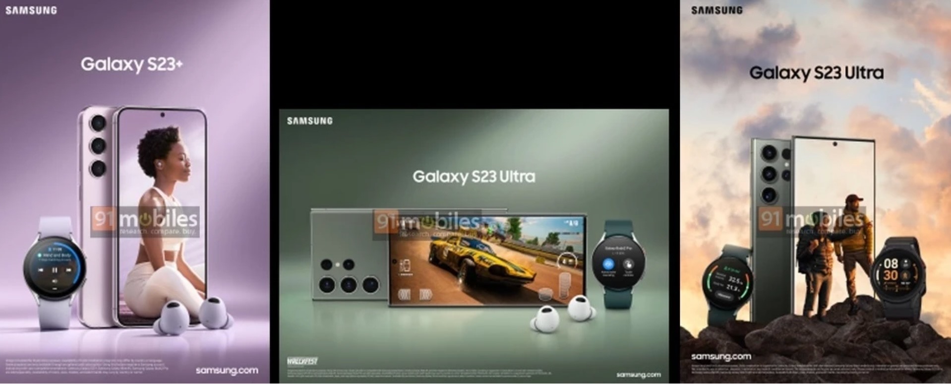 Hình ảnh quảng cáo của dòng điện thoại Samsung Galaxy S23. Ảnh: 91mobiles