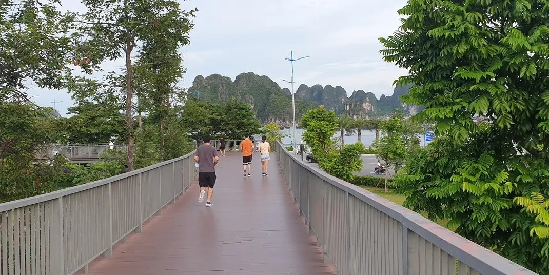 Người dân tập thể dục trên đường đi bộ trên cao trong Công viên hoa Hạ Long. Ảnh: Nguyễn Hùng