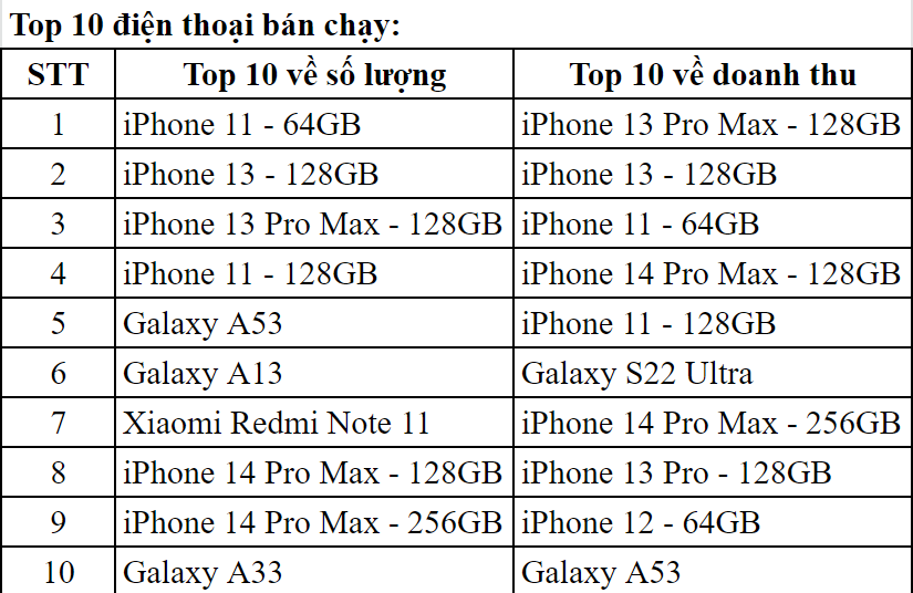 Top 10 smartphone bán chạy nhất và mang về doanh thu cao nhất tại Di Động Việt trong năm 2022, trong đó các dòng iPhone 13, 14 chiếm ưu thế. Ảnh: Duy Nguyễn