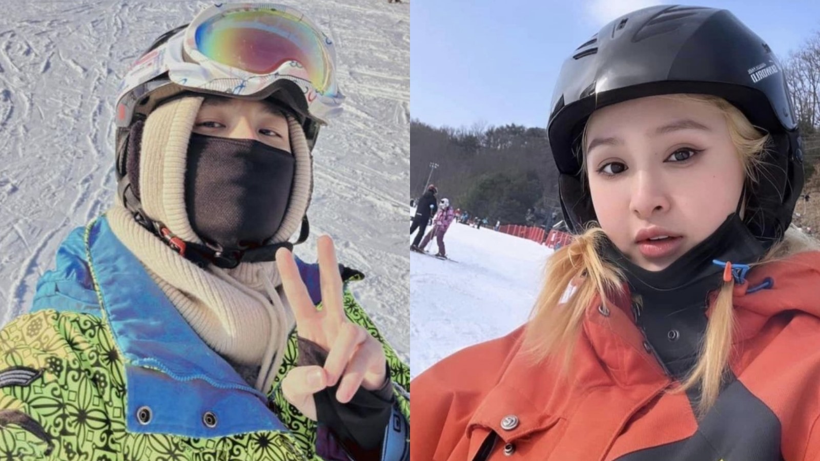 Trịnh Thăng Bình và Hiền Hồ cùng xuất hiện tại khu trượt tuyết ở Hàn Quốc. Ảnh: Facebook nhân vật