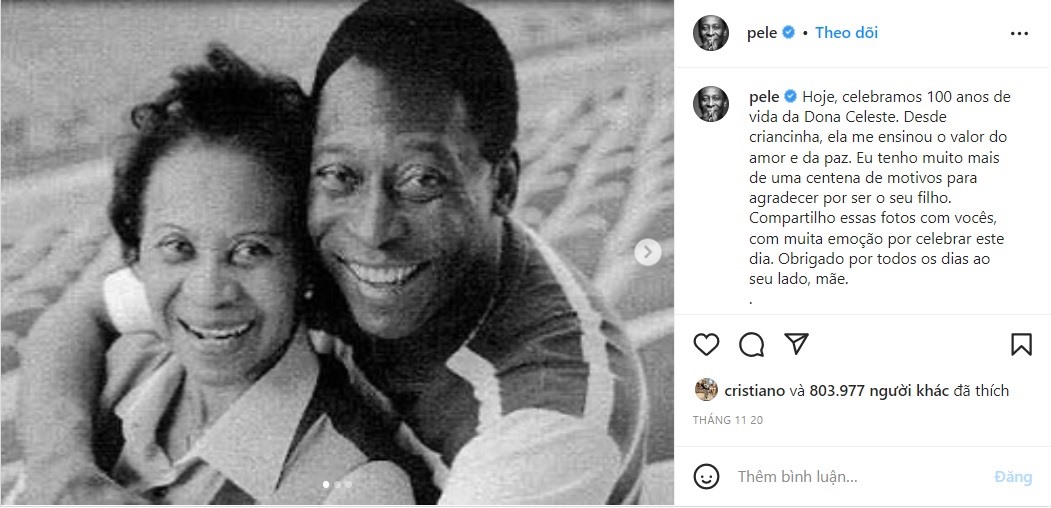 Tháng trước, Pele chia sẻ trên trang cá nhân lời chúc mừng sinh nhật lần thứ 100 của mẹ. Ảnh: Instagram