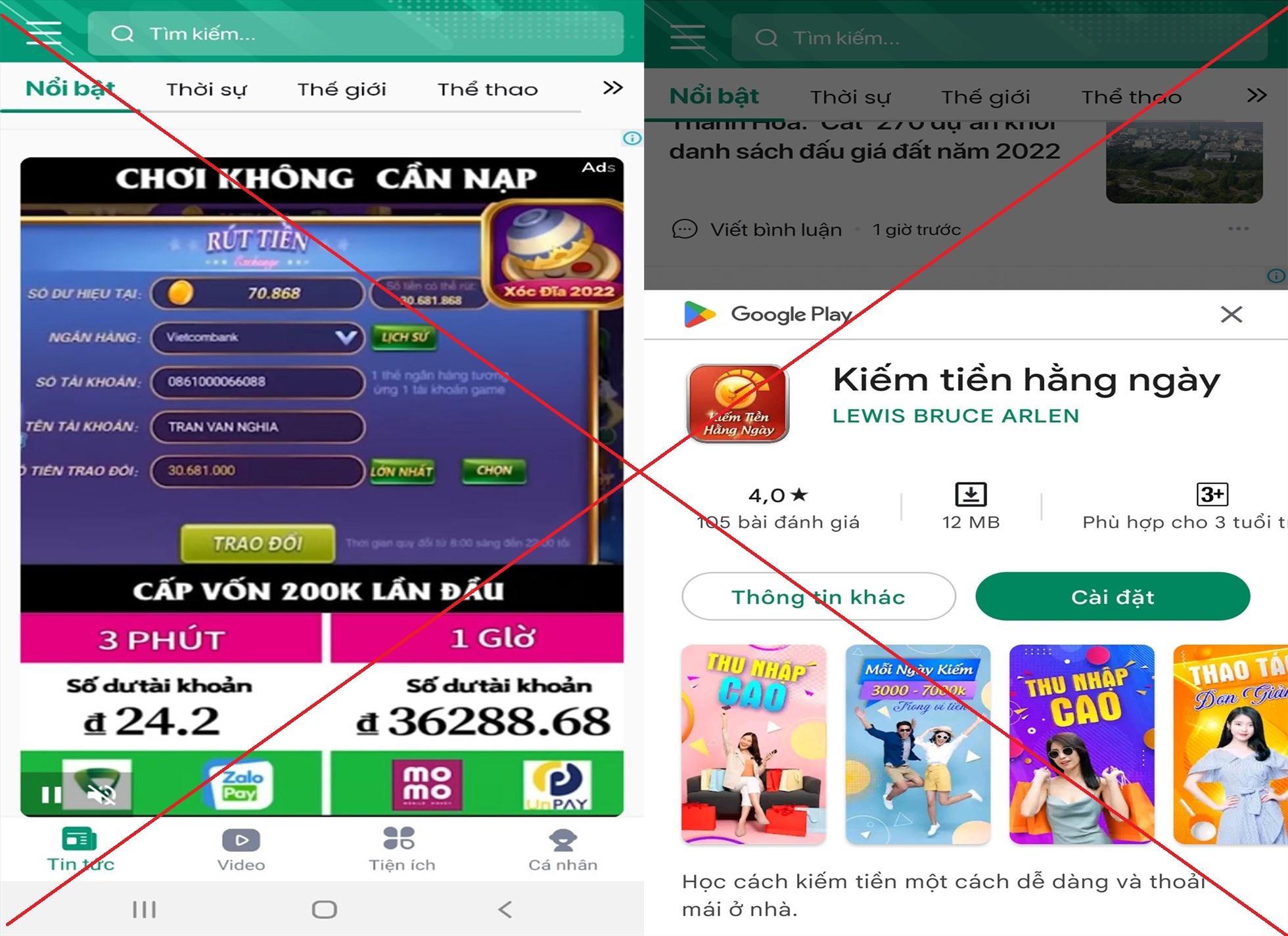 Không chỉ vi phạm bản quyền, app Đọc báo 24h còn dẫn đường link đến các web, app xóc đĩa, kiếm tiền qua mạng có dấu hiệu lừa đảo. Ảnh: Trần Tuấn.