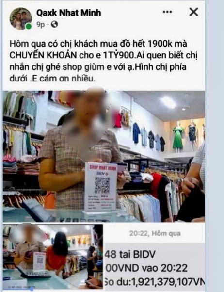 Bài viết được cô giáo Thu Huyền đăng tải trên Facebook cá nhân để tìm người chuyển nhầm tiền. Ảnh chụp màn hình