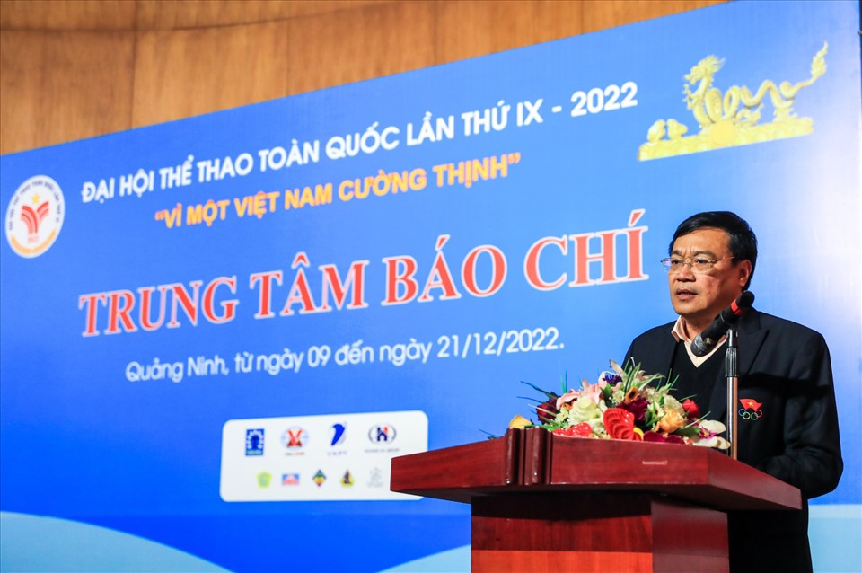 Tổng cục trưởng Tổng cục Thể dục thể thao Đặng Hà Việt phát biểu tại Lễ khai trương Trung tâm báo chí - Đại hội Thể thao toàn quốc 2022. Ảnh: Minh Dân