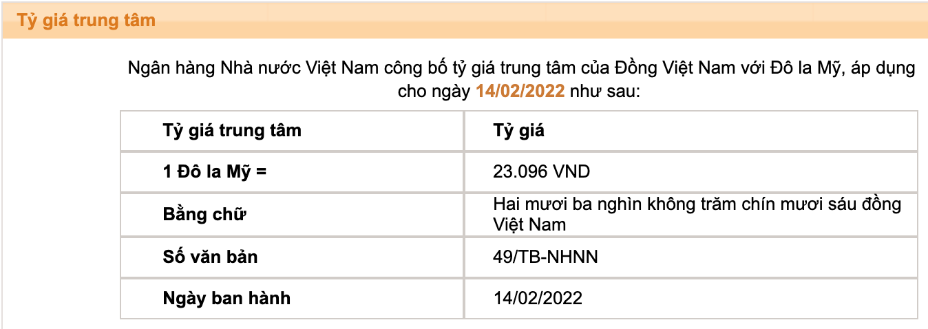 Tỷ giá trung tâm của Đồng Việt Nam với Đô la Mỹ do Ngân hàng Nhà nước công bố.