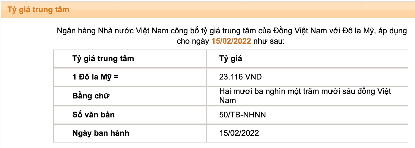 Tỷ giá trung tâm của Đồng Việt Nam với Đô la Mỹ do Ngân hàng Nhà nước công bố.