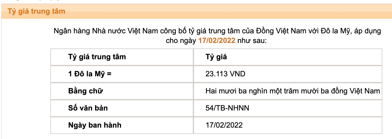 Tỷ giá trung tâm của Đồng Việt Nam với Đô la Mỹ do Ngân hàng Nhà nước công bố.