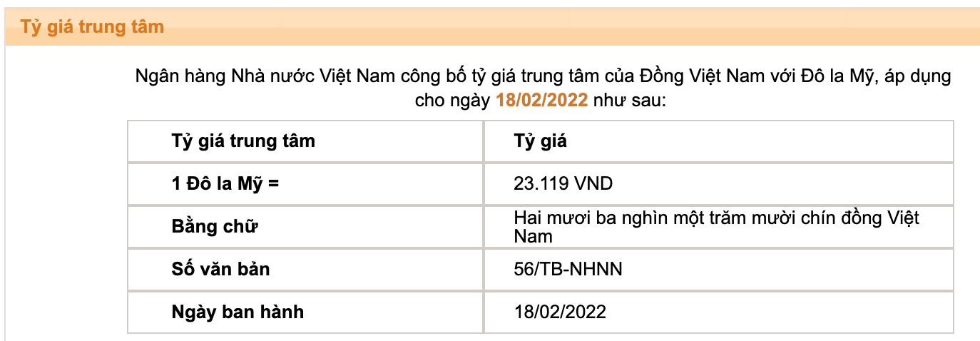 Tỷ giá trung tâm của Đồng Việt Nam với Đô la Mỹ do Ngân hàng Nhà nước công bố.