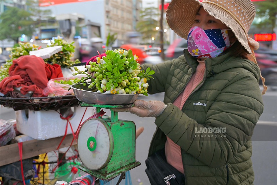 Theo chị Thoa (quê Khoái Châu, Hưng Yên) đã có 20 năm bán hoa bưởi, cho hay năm nay do thời tiết thất thường nên vụ hoa cũng thay đổi. “Mọi năm mỗi ngày tôi bán được 7-8kg hoa, năm nay thì chưa được bằng một nửa“.