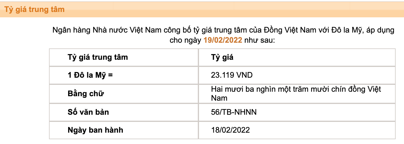 Tỷ giá trung tâm của Đồng Việt Nam với Đô la Mỹ do Ngân hàng Nhà nước công bố