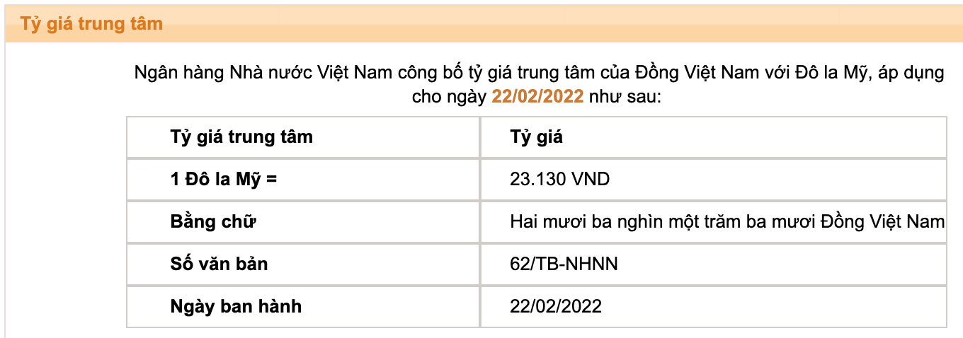 Tỷ giá trung tâm của Đồng Việt Nam với Đô la Mỹ do Ngân hàng Nhà nước công bố