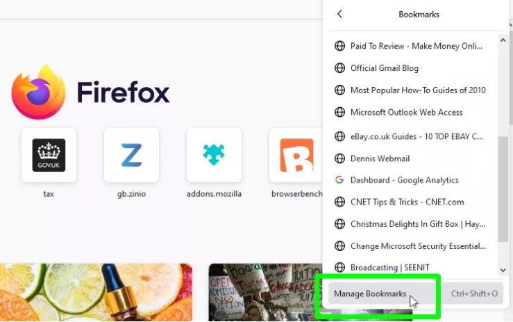 Chọn “Quản lý dấu trang” (Manage Bookmarks) để nhập dấu trang mới vào Firefox. Ảnh chụp màn hình