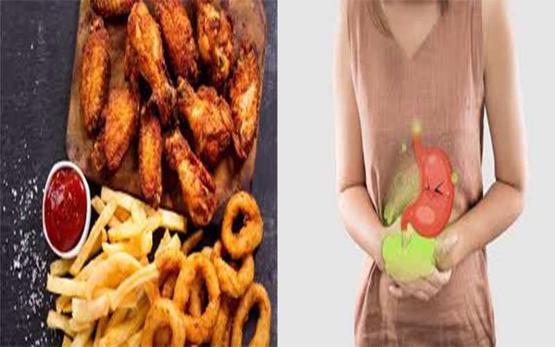 Gây đầy hơi và đau dạ dày: Trong số các chất dinh dưỡng đa lượng thì chất béo được tiêu hóa chậm nhất. Ở đồ ăn chiên rán lượng chất béo rất cao. Điều này có thể gây đầy hơi, buồn nôn và đau dạ dày khi ăn nhiều.