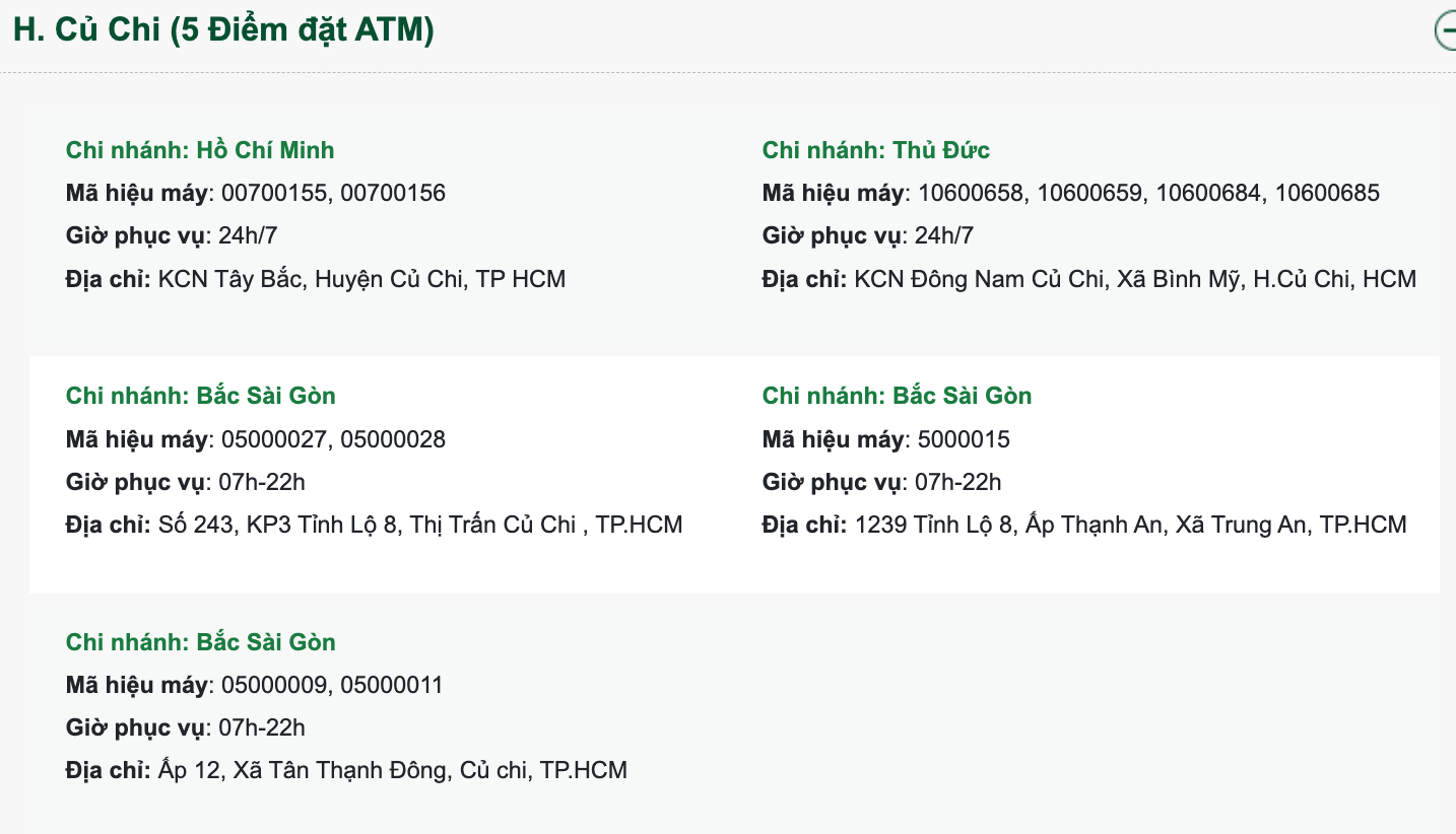Điểm đặt cây ATM Vietcombank huyện Củ Chi TP. Hồ Chí Minh gần nhất. Nguồn: Vietcombank