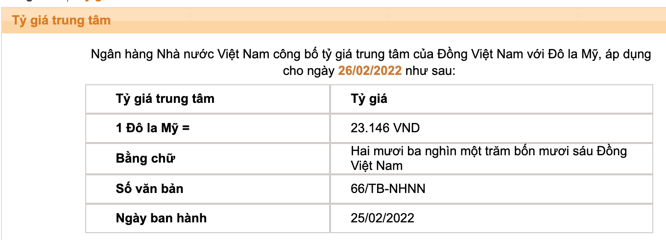 Tỷ giá trung tâm của đồng Việt Nam với đôla Mỹ do Ngân hàng Nhà nước công bố.