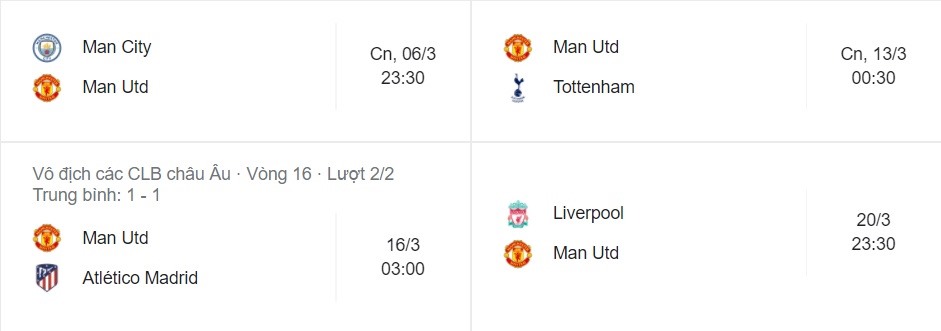 Lịch thi đấu trong tháng 3 của Man United