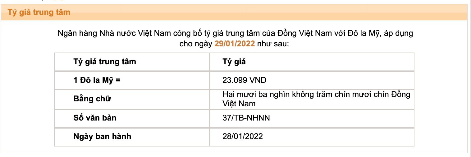 Tỷ giá trung tâm của Đồng Việt Nam với Đô la Mỹ do Ngân hàng Nhà nước công bố.