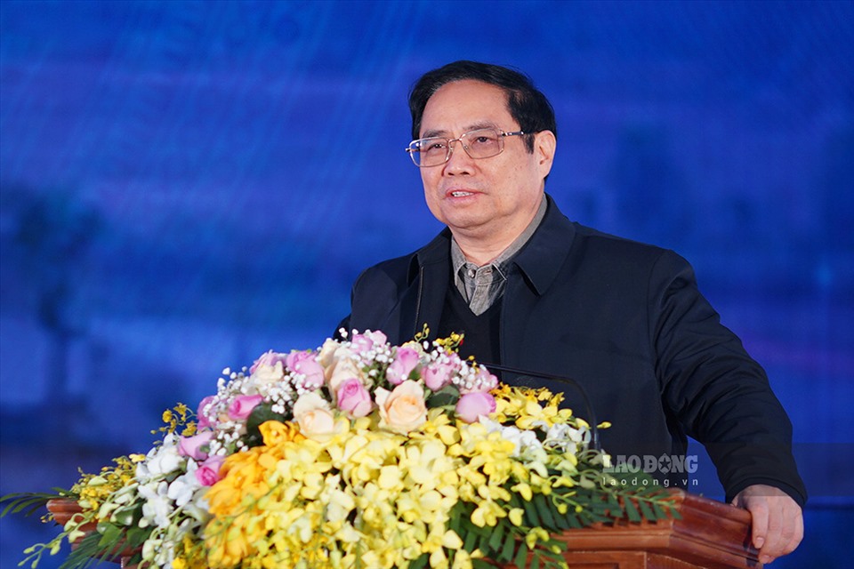 Thủ tướng Phạm Minh Chính phát biểu tại buổi lễ khánh thành dự án cao tốc Cao Bồ - Mai Sơn.