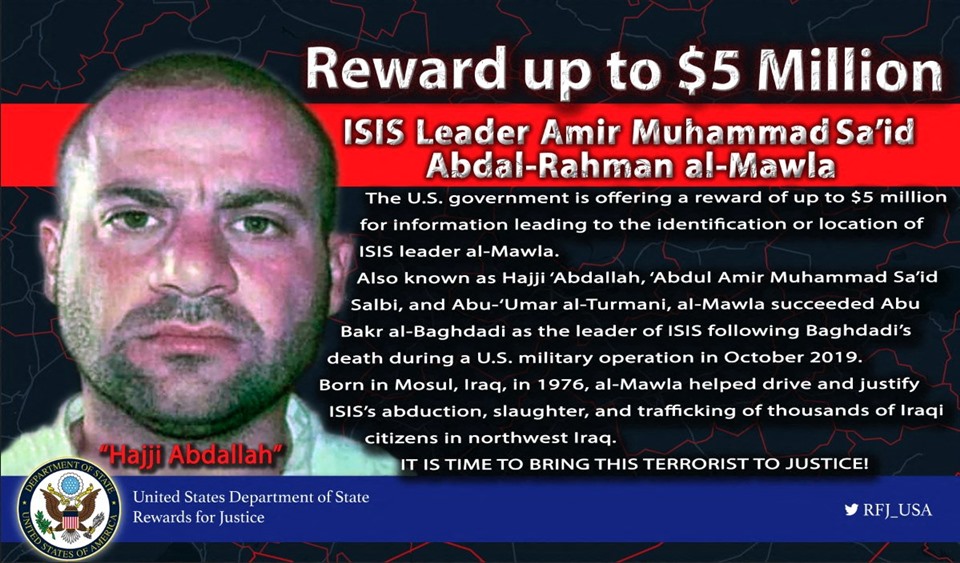 Mỹ treo thưởng 10 triệu USD cho thông tin về thủ lĩnh IS Quraishi. Ảnh chụp màn hình