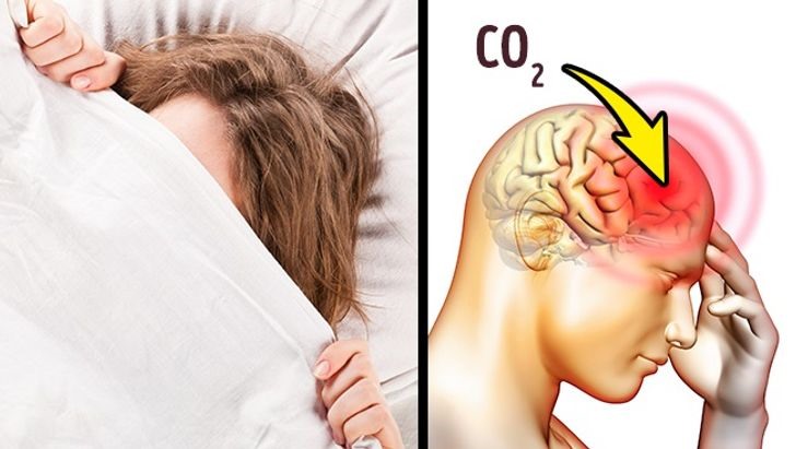 Khi ngủ trùm chăn kín đầu, lượng oxy đi vào cơ thể sẽ giảm. Trong trường hợp này, lượng không khí hít vào đã bão hòa với carbon dioxide. Điều này tạo ra sự thiếu oxy cho não, có thể dẫn tới phản ứng nguy hiểm.