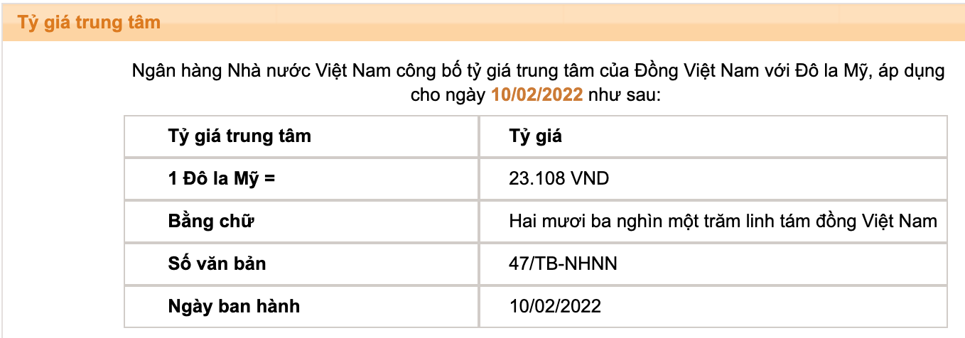 Tỷ giá trung tâm của Đồng Việt Nam với Đô la Mỹ do Ngân hàng Nhà nước công bố.